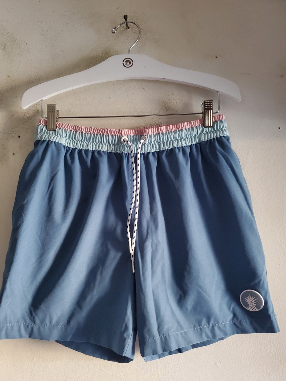 chubbies Light Blue Swim Trunks with Pink Elastic Waistband